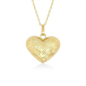 The 14K Gold 3D Puffy Heart Necklace, featuring a minimalist heart pendant with a woven texture, elegantly dangles on a delicate chain against a white background.