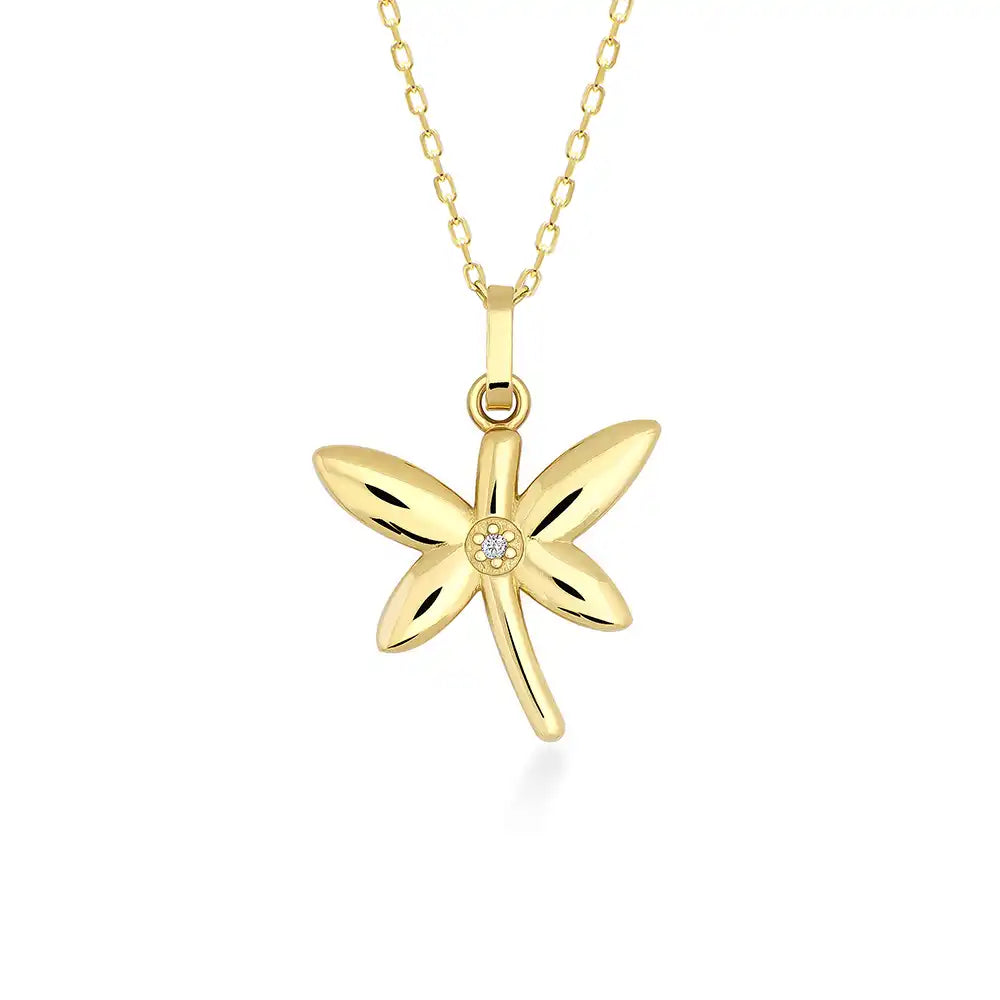 The 14K Gold Dragonfly Necklace boasts a 14K Gold mini dragonfly pendant embellished with a small, round white gemstone at its center. Its graceful chain elegantly connects to the top of the pendant, displayed on a plain white background for an everlasting allure.