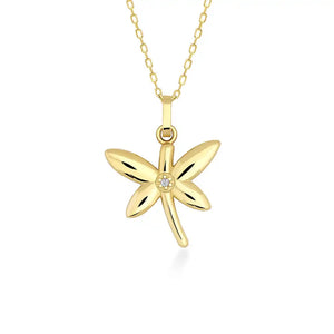 The 14K Gold Dragonfly Necklace boasts a 14K Gold mini dragonfly pendant embellished with a small, round white gemstone at its center. Its graceful chain elegantly connects to the top of the pendant, displayed on a plain white background for an everlasting allure.