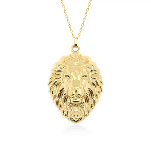 Introducing the 14K Gold Lion Head Necklace, an exquisite piece of animal jewelry featuring a finely detailed lion head pendant with an intricate mane. This stunning necklace is elegantly suspended from a delicate chain, enhancing any ensemble with its elegance and charm.