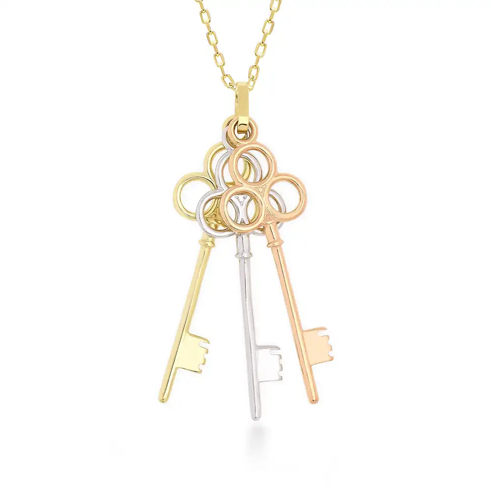 Introducing the 14K Solid Gold Friendship & Love Key Necklace, a captivating piece adorned with three elegant pendants in gold, silver, and rose gold. These graceful pendants elegantly dangle from the chain, making this exquisite necklace a perfect choice for an anniversary gift to cherish someone special.