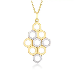 Experience the elegance of the 14K Solid Gold Honeycomb Necklace by RundaJewelryUs, featuring a geometric pendant with interconnected hexagonal shapes in both gold and silver tones. This exquisite piece perfectly captures a honeycomb pattern, beautifully blending nature's charm with modern design.