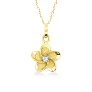 Experience the exquisite charm of the 14K Gold Plumeria Necklace by RundaJewelryUs. This captivating piece showcases a real solid gold flower-shaped pendant with five petals, accented by a delicate diamond at its center, all gracefully suspended from a refined gold chain. Ideal as a Summer Jewelry Gift for Her, this necklace effortlessly blends elegance with timeless allure.