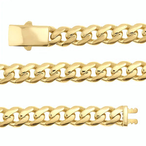 A close-up of the 14K Gold Miami Cuban Curb Link Chain Bracelet by RundaJewelryUs, meticulously crafted with interlocking links and finished in genuine 14K gold. It features a sleek clasp at one end and a box clasp at the other, elegantly displayed against a plain white background.