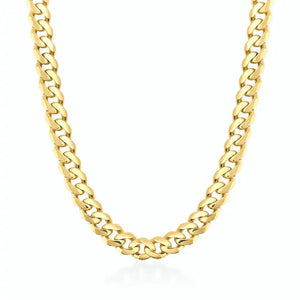 An up-close view of the 14K Gold Miami Cuban Curb Link Chain Necklace is showcased against a plain white background. This hypoallergenic piece features a polished surface that reflects light, accentuating its intricate interlocking pattern.