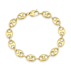 Introducing the 14k Gold Yellow Mariner Bracelet: a dazzling jewelry piece featuring oval-shaped links with dual cut-out holes, perfectly arranged in a circular pattern and secured with a top clasp. This anchor link chain bracelet shines with a polished finish, capturing true elegance and style.