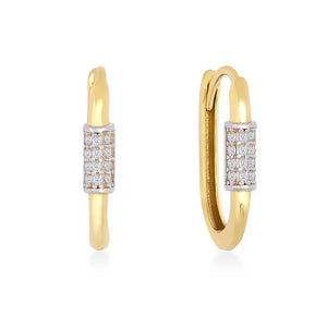 The 14k Solid Gold Oval Small Hoops by RundaJewelryUs are delicately designed with rectangular sections adorned with small diamonds, making them ideal as cartilage earrings. Their luxurious charm enhances any outfit, and they are beautifully presented against a white background.