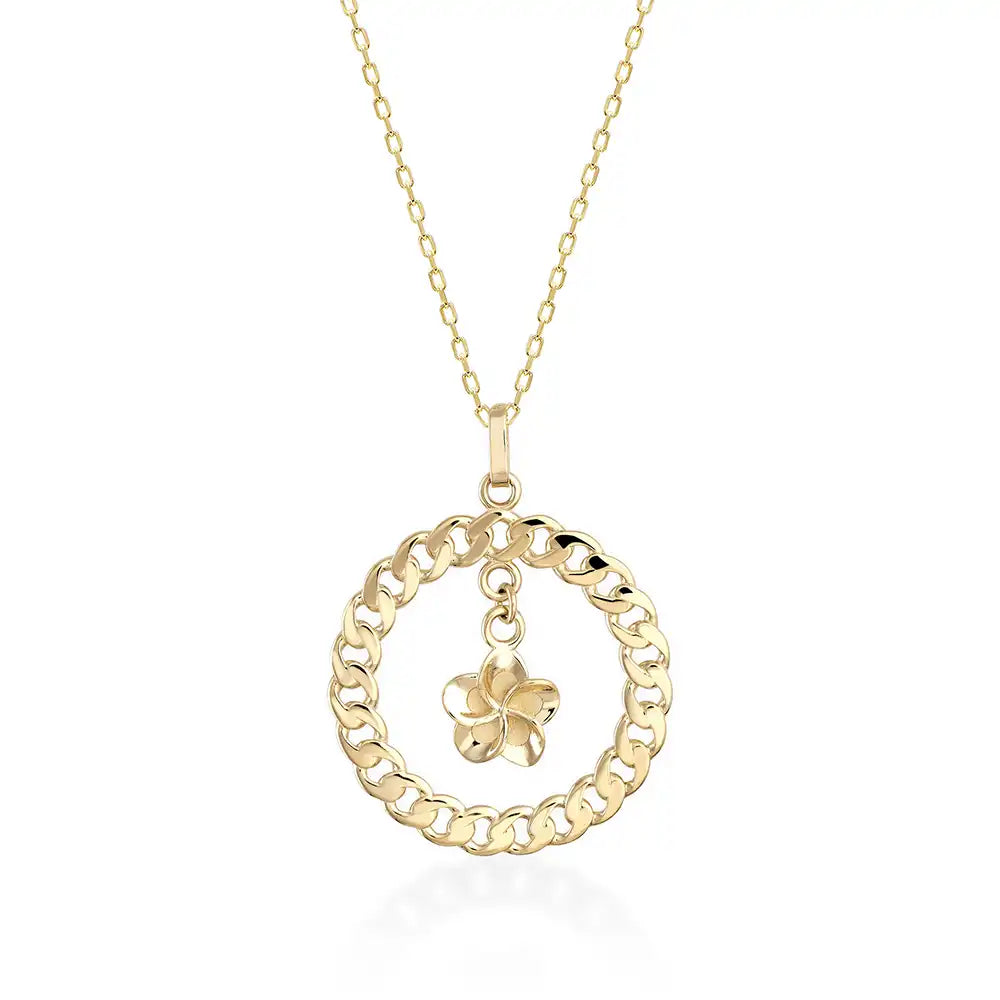 The 14K Gold Plumeria Wreath Pendant Necklace features a circular chain-link design and is adorned with a delicate flower charm at the center.