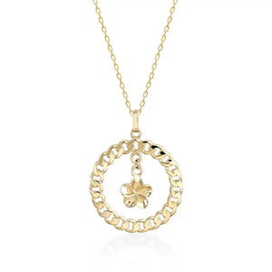 The 14K Gold Plumeria Wreath Pendant Necklace features a circular chain-link design and is adorned with a delicate flower charm at the center.