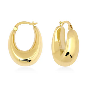 Introducing our 14K Real Gold Thick Hoop Earrings: These elegant earrings showcase a chunky design with a polished gold finish, offering a shiny surface. Crafted from 14k gold, they feature an oval shape with a secure clasp closure. The earrings are beautifully displayed against a plain white background.