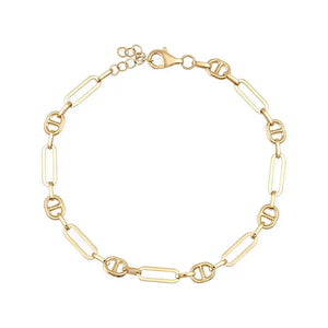 Introducing the 14K Gold Paperclip Mariner Link Chain Bracelet: This stunning piece features alternating elongated oval and circular chain links, ideal for layering. Crafted from 14K solid gold, it includes a lobster clasp and an adjustable chain segment for a customizable fit.