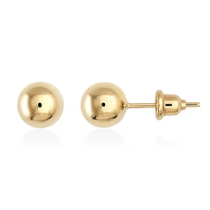 The 14K REAL Gold Ball Stud Earrings from RundaJewelryUs are showcased against a white backdrop. One earring is displayed flat, while the other reveals the ball and post with its butterfly back attached, emphasizing their hypoallergenic construction.