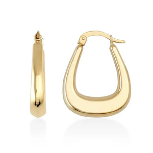 Presenting the 14K Gold Thick Hoop Earrings, these pieces boast a modern, slightly tapered design in yellow gold. Set against a plain white backdrop, one earring is displayed face-on while the other is shown from a side angle to highlight their shiny and smooth finish. Ideal for those in search of hypoallergenic jewelry.