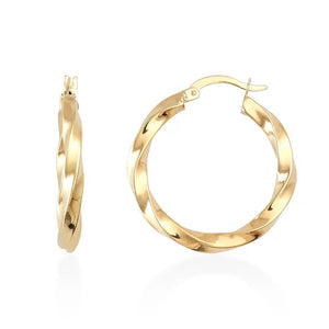 The 14K Gold Twist Hoop Earrings by RundaJewelryUs feature a shiny gold finish with a twisted design. Displayed in two angles, one view shows the earrings facing forward while the other highlights the side and latch closure.