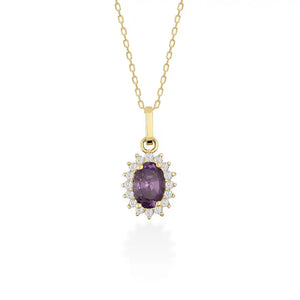 Product Description: The 14K Gold Amethyst Necklace features an oval-shaped amethyst pendant encircled by a halo of shimmering zirconia stones. Its elegant design is mesmerizing, set against a pure white backdrop.