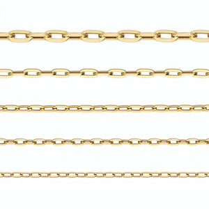 Displayed against a plain white background are five horizontal rows of gold chains, each embodying the elegance of fancy Italian design. Crafted using sustainable methods by RundaJewelryUs, these chains feature oval-shaped links in varying sizes and styles, including the refined 14K Real Solid Gold Paperclip Chain Bracelet.