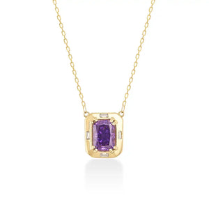 The 14K Solid Gold Amethyst Necklace, ideal for a February birthstone gift, showcases a rectangular pendant adorned with a vibrant purple gemstone. Surrounded by small, clear stones and hanging from a delicate chain, this handcrafted piece embodies elegance and charm.