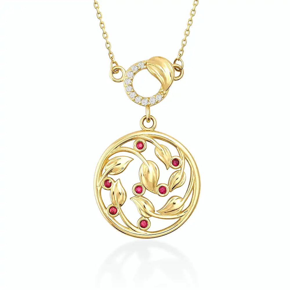 14K Solid Gold Ruby Diamond Necklace