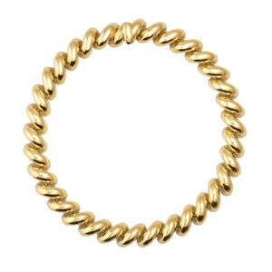 This 14K Real Solid Gold San Marco Bracelet showcases a circular design with a twisted pattern, featuring rounded, shiny links arranged in an elegant spiral. It is displayed against a plain white background.