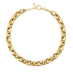 A 6.60 MM 14K solid gold thick Rolo Belcher chain bracelet featuring interlocking oval links and a lobster clasp, elegantly arranged in a closed circular shape against a white background.