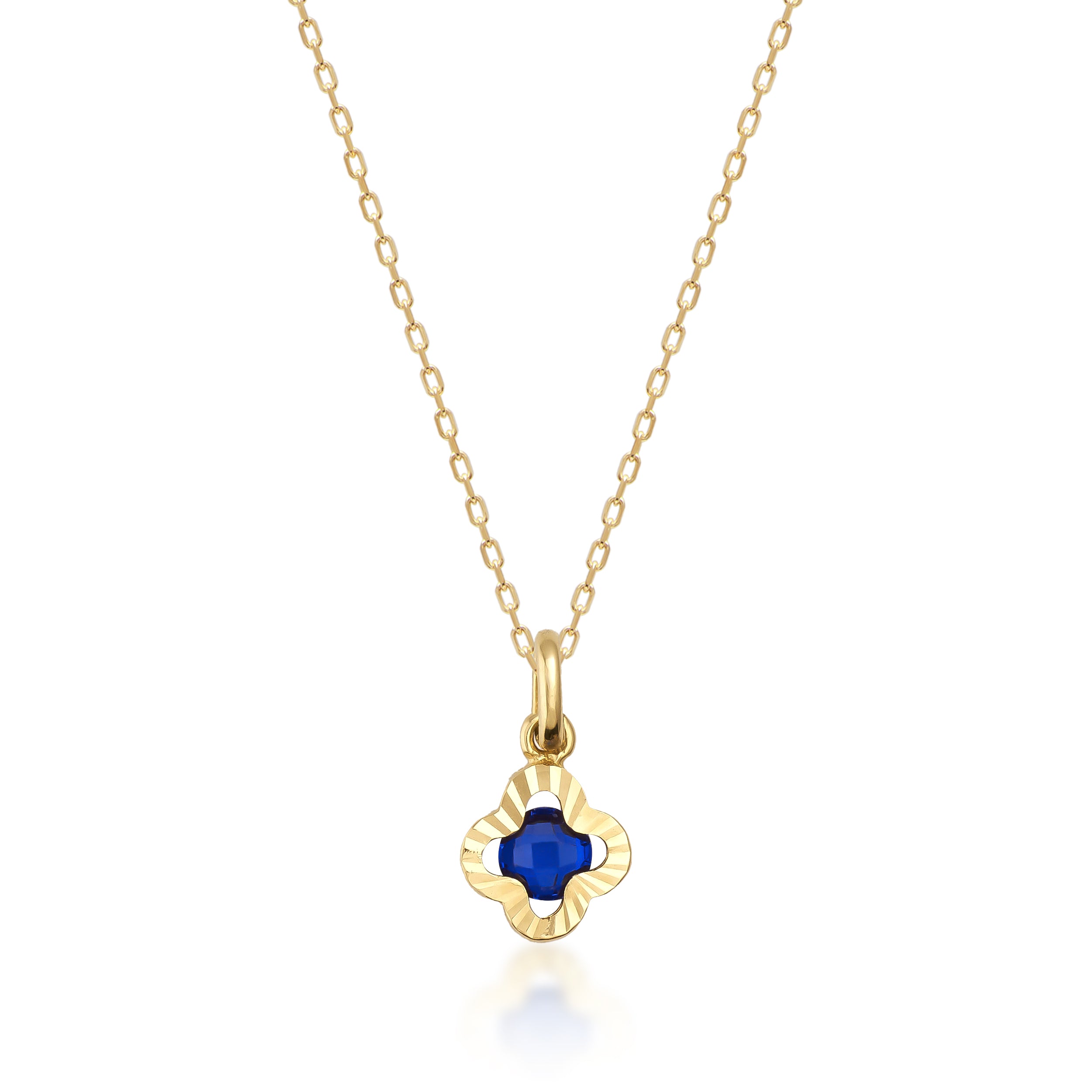 14K Solid Gold Clover Sapphire Necklace