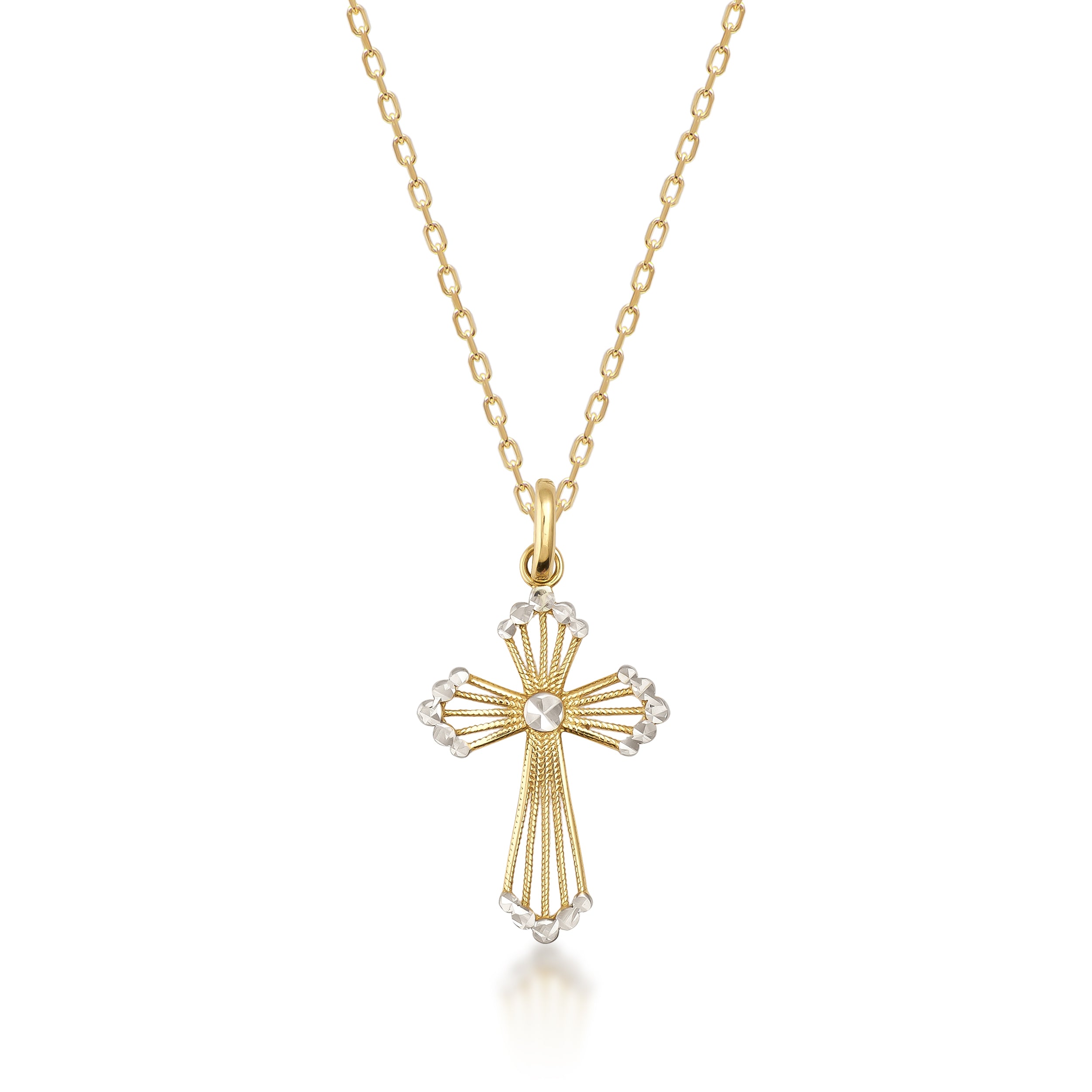 The 14K Solid Gold Tiny Cross Pendant Necklace features exquisite detailing and a central diamond-like stone, blending gold and silver tones for a captivating design. Ideal for religious occasions, it is elegantly showcased against a plain white background, exuding timeless sophistication.