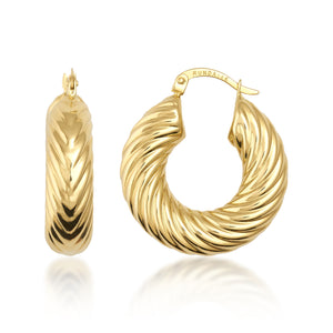 The two earrings on display are the 14K Real Hold Thick Twist Rope Hoops, showcasing a chunky design crafted from 14K gold. They feature a shiny finish with a clasp closure engraved with RUND A NIX, and are presented with one earring front-facing and the other side-facing.