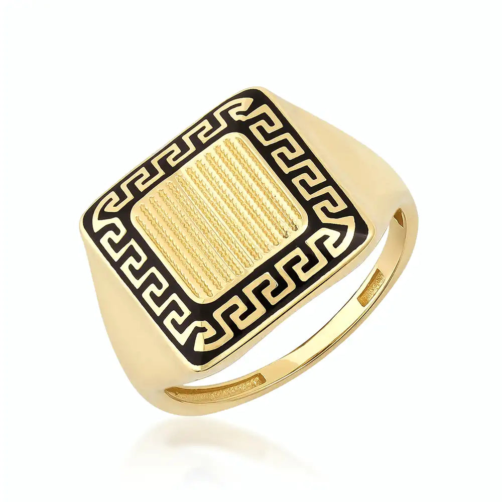 14K Gold Square Black Enamel Greek Key Signet Ring For Men