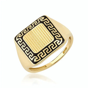 The 14K Gold Square Black Enamel Greek Key Signet Ring For Men features a square face embellished with a detailed black enamel Greek key pattern, echoing the labyrinthine meander design. Its bold, symmetrical style emphasizes the textured center, providing a stunning contrast between the black and gold elements.