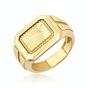 Introducing the 14K Solid Gold Watch Style Fancy Signet Ring for Men, showcasing a rectangular top finely engraved with an intricate sunburst pattern. This elegant piece of men's jewelry features a band adorned with geometric designs and a polished finish, adding a touch of sophistication and modernity to its appearance.