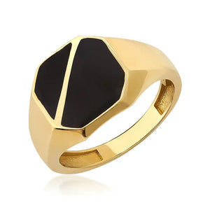 The 14K Solid Gold Black Enamel Signet Ring For Men features a sleek black octagonal face with a subtle angular design on top, presented against a plain white background.