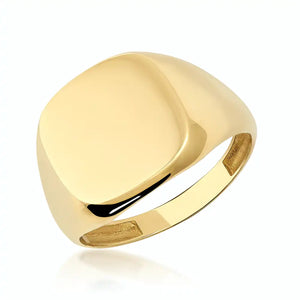 The 14K Solid Gold Plain Polished Signet Ring For Men, featuring a sleek, flat top surface against a white background, exemplifies timeless men's jewelry.