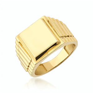 Discover the perfect men's jewelry statement piece: the 14K Solid Gold Watch Style Fancy Signet Ring for Men. This ring showcases a stunning engraved signet with a large rectangular top and ribbed band design, set against a white background.