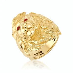 This 14K real solid gold lion ring for men features an intricate lion’s head design with striking red gemstone eyes against a plain white backdrop. The exquisitely detailed mane flows elegantly around the sides, making it a standout piece of animal jewelry for men.