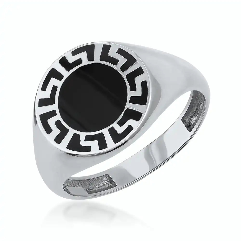 Anillo con llave griega de oro macizo de 14 quilates y esmalte negro para hombre