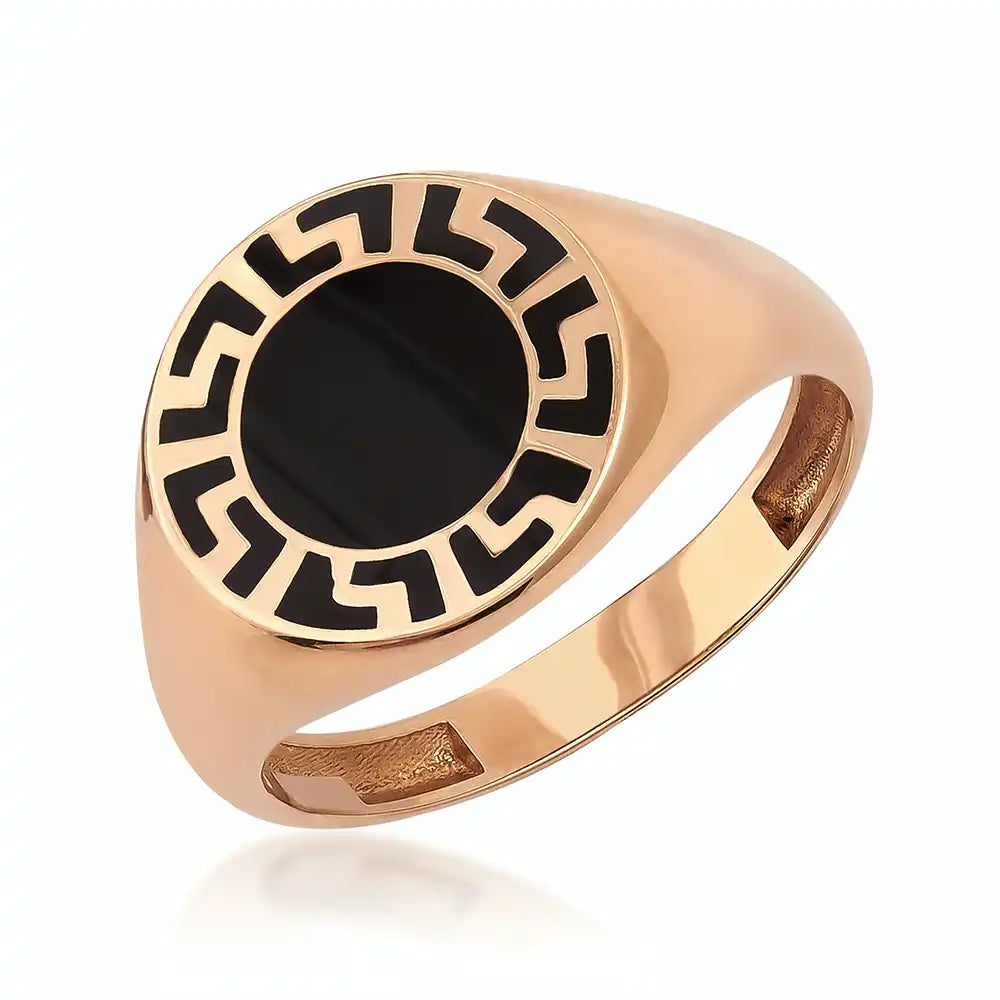 Anillo con llave griega de oro macizo de 14 quilates y esmalte negro para hombre