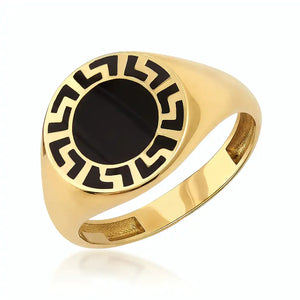 Discover the 14K Solid Gold Black Enamel Greek Key Ring for Men, a modern and sleek piece featuring a black circular face adorned with an intricate labyrinth meander pattern around the edge. This contemporary design adds a fresh twist to the classic signet ring style.