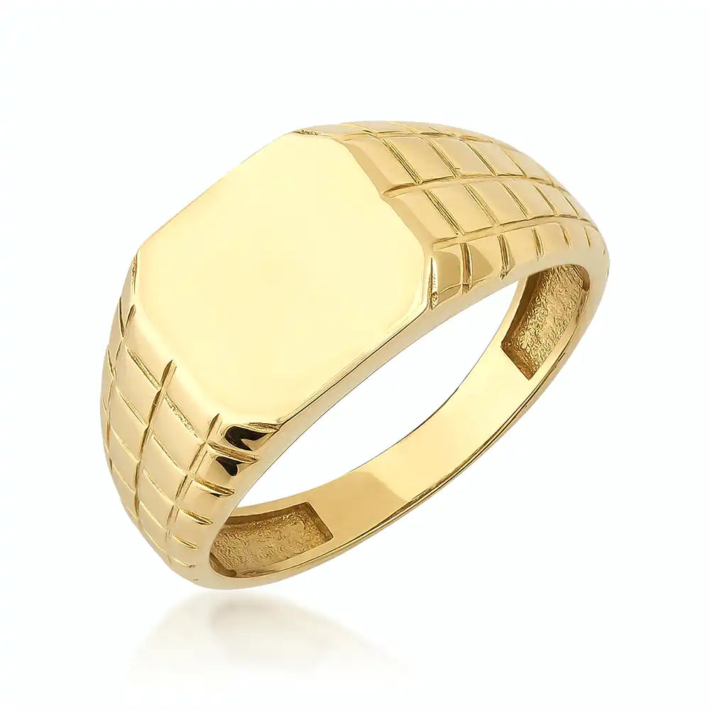 14K Solid Gold Engraved Signet Ring For Men