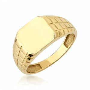 Introducing the 14K Solid Gold Engraved Signet Ring For Men: a stunning piece of jewelry featuring a smooth, rectangular face and a band with an intricate grid-like pattern. Its engraved finish beautifully reflects light on its surface.