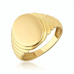 The 14K Solid Gold Watch Style Fancy Signet Ring for Men features a sleek, round, smooth top and a ribbed design on the sides, adding a contemporary and elegant touch. Ideal for men's jewelry aficionados, this engraved signet ring is set against a plain white background, allowing its polished finish to truly shine.