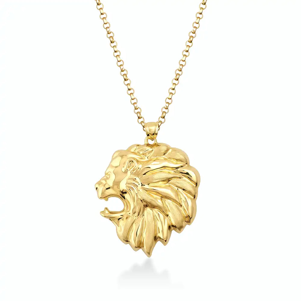 14K Solid Gold Lion Head Necklace for Men