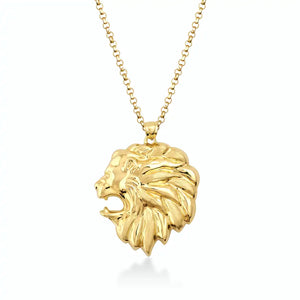 The 14K Solid Gold Lion Head Necklace for Men is a striking piece of animal jewelry, showcasing a detailed roaring lions head pendant with an intricate mane, elegantly hanging from a delicate chain on a plain white background.