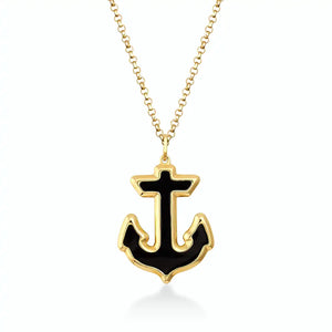 The 14K Solid Gold Anchor Pendant Necklace for Men offers a sailor's gift of elegance, featuring a striking anchor pendant filled with black enamel against a plain white background.