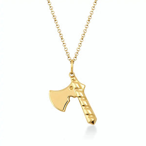 The 14K Solid Gold Axe Pendant Necklace for Men showcases a captivating axe pendant, complete with a textured handle and smooth blade, elegantly hanging from a gold chain.