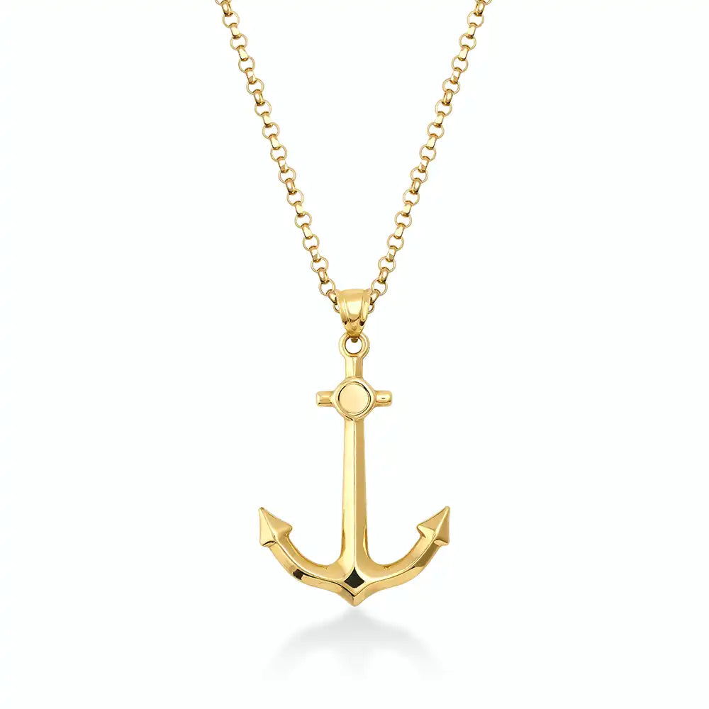 14K Gold Polished Minimal Anchor Pendant Necklace for Men