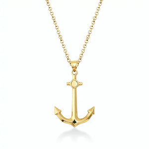 The 14K Gold Polished Minimal Anchor Pendant Necklace for Men, featuring a detailed pendant on a fine chain against a plain white background, makes an ideal sailor gift.