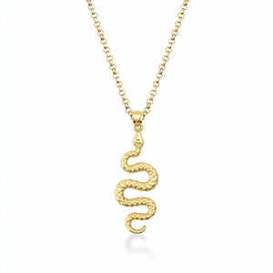 This 14K Solid Gold Serpent Pendant Necklace features an intricately designed snake pendant in an S-shape with a textured finish, elegantly suspended from a fine chain. It's an ideal piece of animal-themed jewelry for those who admire distinctive artistry.