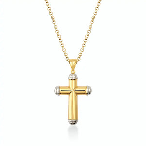 A 14K Solid Gold Cross Necklace for Men elegantly hangs on a gold chain against a white background. The cross, showcasing rounded silver tips at each end, exudes a sleek and polished appearance, ideal for those in search of Christian-Inspired Accessories.