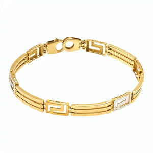 This 14K Solid Gold Greek Key Bracelet for Men features a geometric pattern with alternating rectangular links. The design combines both smooth and textured surfaces, complete with a clasp on one end, set against a plain white background.