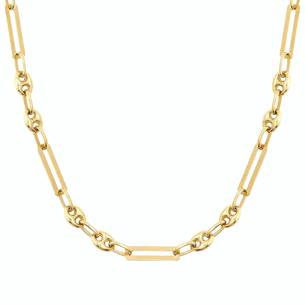 14K Solid Gold Paperclip & Puffed Mariner Anchor Link Chain Necklace